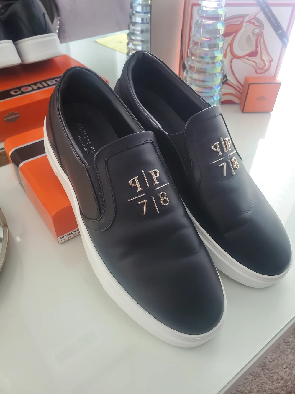 Philipp Plein Unisex Black Leather Slip-On Sneakers Sz 41